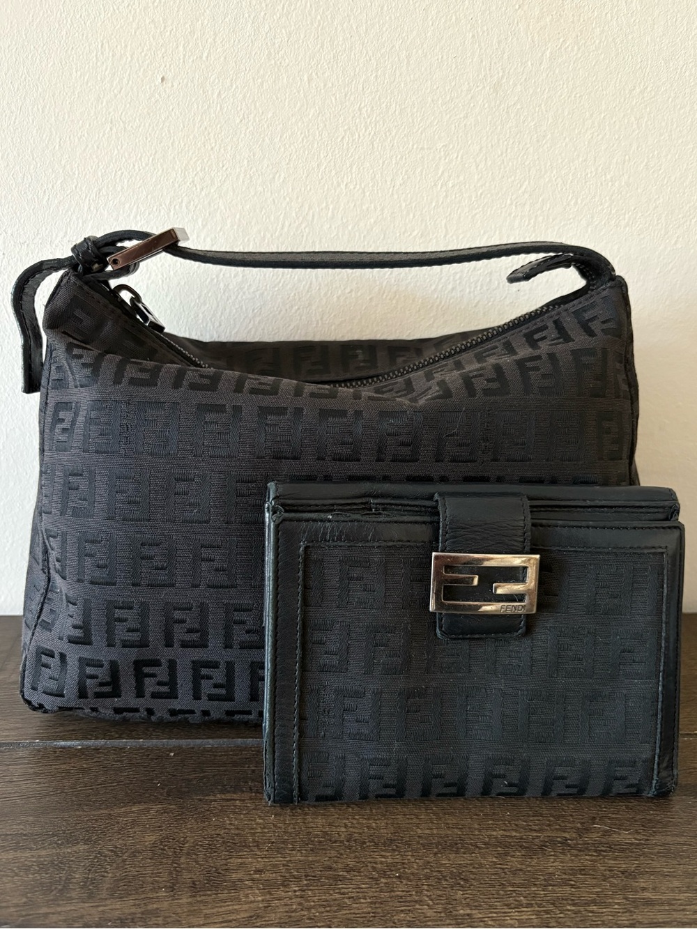 Fendi Black Zucca Canvas Baguette and Matching Wallet Set